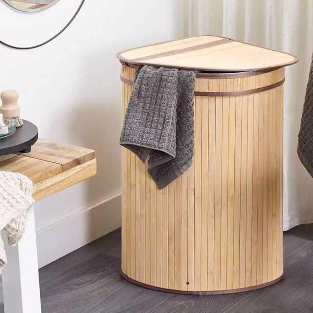 Wyld and Coco Bamboo Corner Laundry Basket with Zippered Lid and 2 Compartments, Light Brown