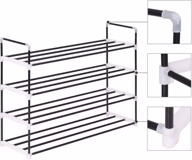 Berkfield Home 4-Shelf Freestanding Shoe Rack in Black Metal and Plastic, W/D/H: 74 x 29 x 29 cm