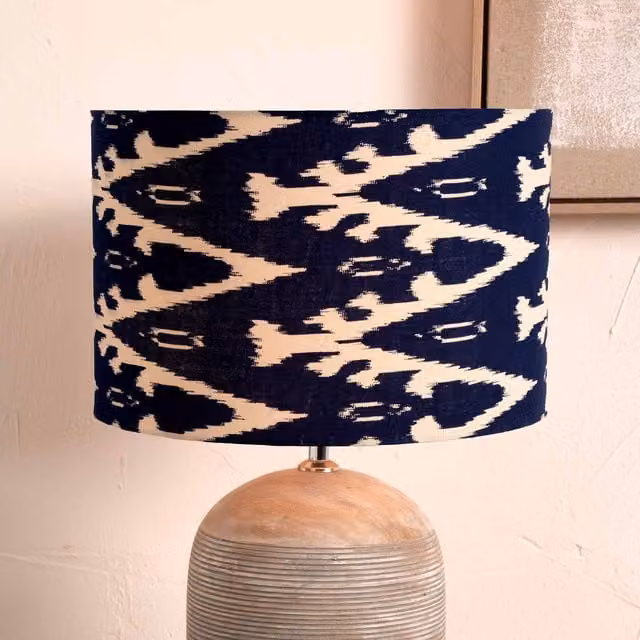 Ruma Blue Ikat Patterned Cylinder Fabric Lampshade for Table Lamps, Diameter: 40.64 cm