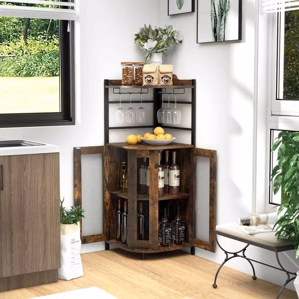 Kelvenix Chic Industrial Corner Bar Cabinet in Brown with Glass Doors and Internal Shelves – 3