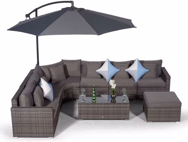 Giardino Santorini 6 Seat Rattan Corner Sofa Set with Large Coffee Table Ottoman in Grey