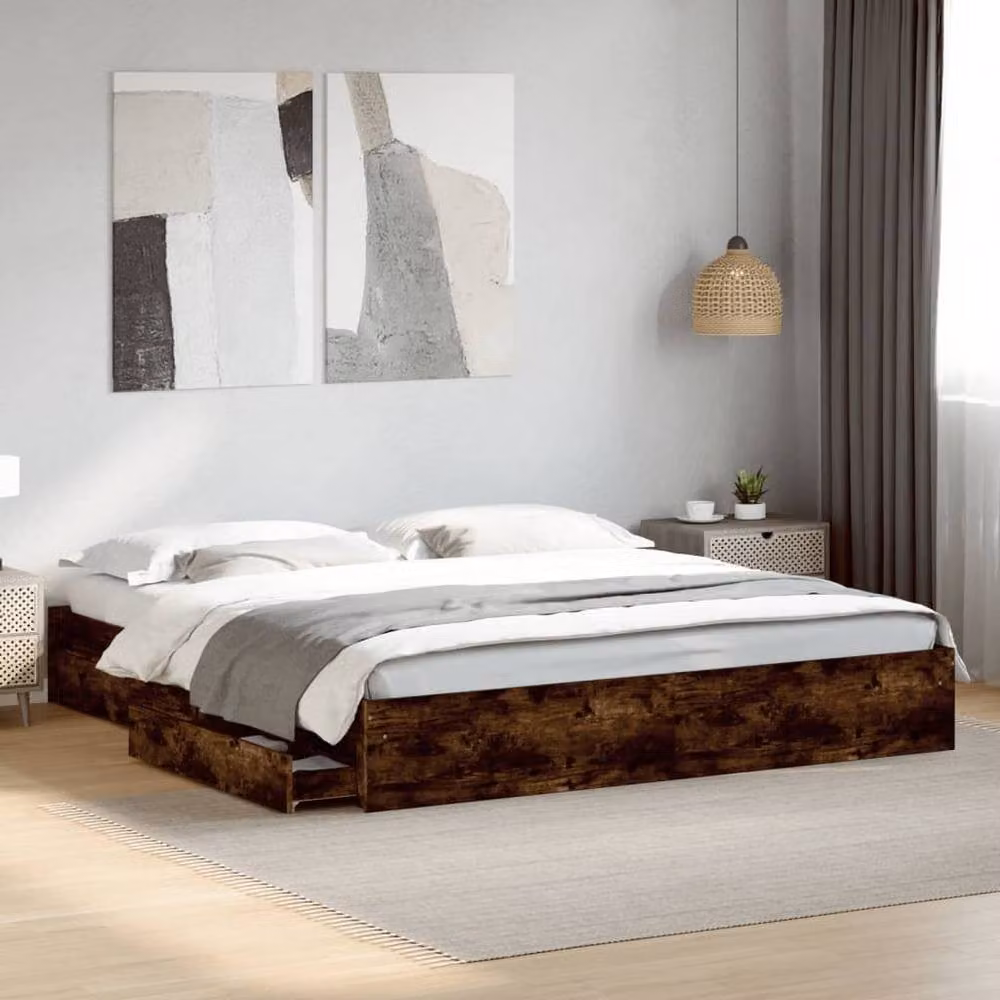 Berkfield Home Modern Bed Frame with Drawers in Smoked Oak Brown, W/D/H: 200 x 200 x 28 cm – 2