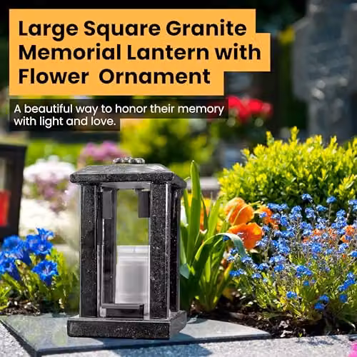 NOVECRAFTO Large Granite Candle Lantern with Flower Decor in Polished Black Stone, Height: 32 cm – 2