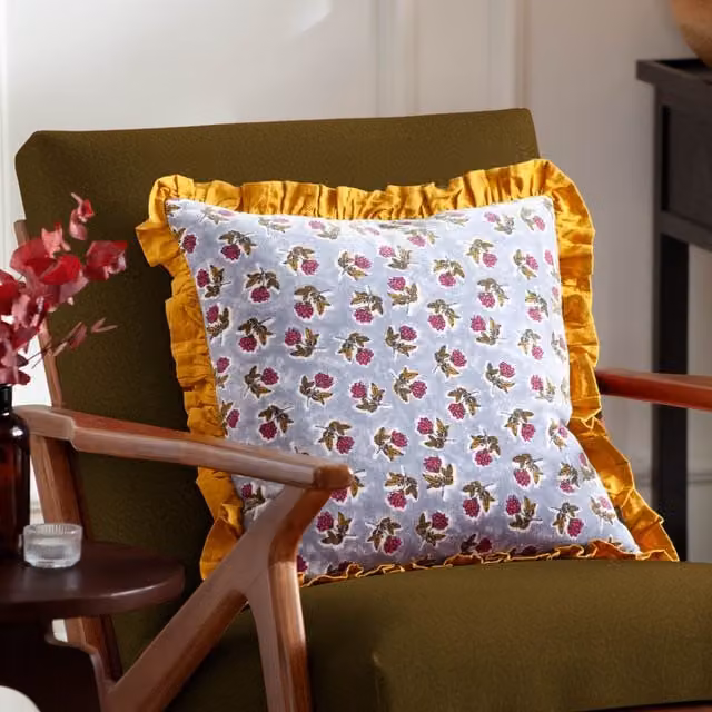 Paoletti Kemble Floral Square Cotton Cushion in Yellow, Blue and Gold, W/D/H: 45 x 45 x 45 cm