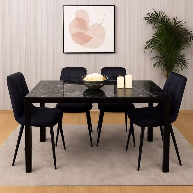 Kosy Koala Modern Black Marble Effect Glass Dining Table and 4 Velvet Chairs Set