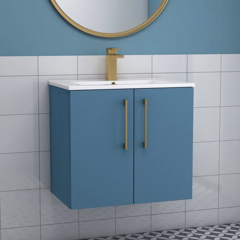 Royal Bathrooms Modena 800mm Wall Hung Vanity Unit in Satin Blue with 2 Doors and Brushed Brass Handles