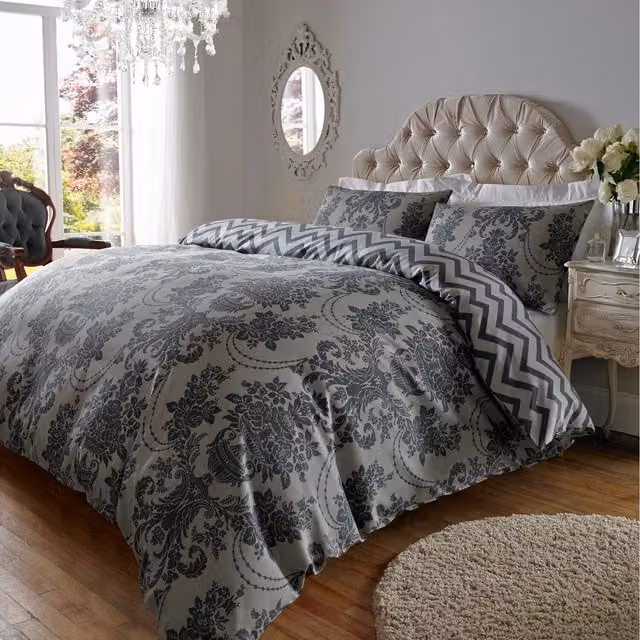 Roseley Reversible Damask Floral Duvet Cover Set in Black and Grey, W: 140 cm x L: 200 cm