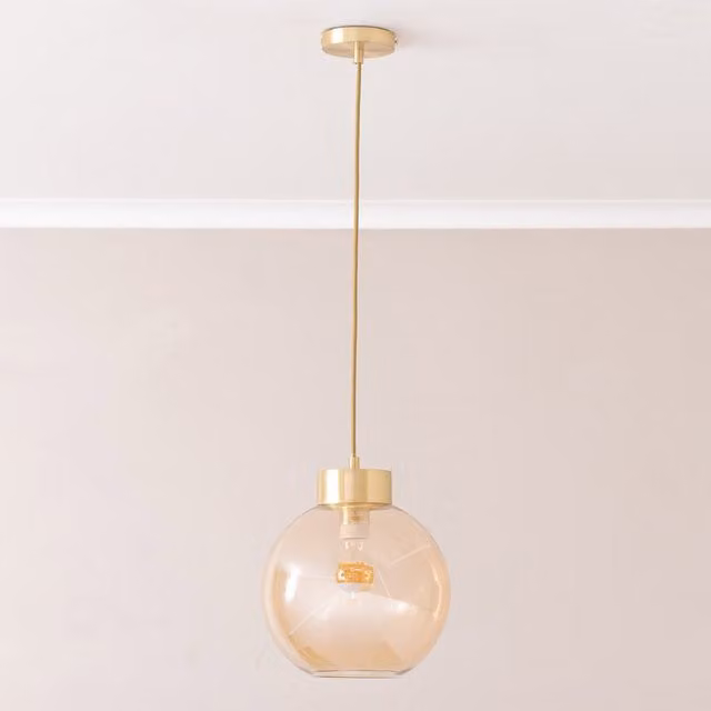 Bellamy Amber Glass Sphere Ceiling Pendant Light in Gold and Brass