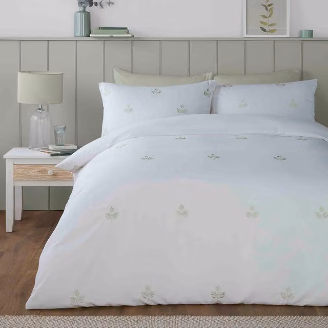 Ulster Weavers Fusion Floral Embroidered Duvet Cover and Pillowcase Set in Green and White, W: 260 cm, D: 220 cm