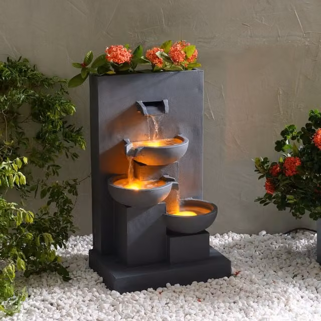 Teamson Home 3 Tier Cascading Outdoor Water Feature with Planter and LED Lights in Grey