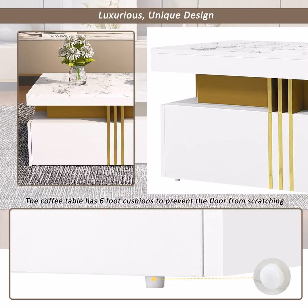 Rolipo Modern White Coffee Table with Marble Effect Top and Drawers – 2