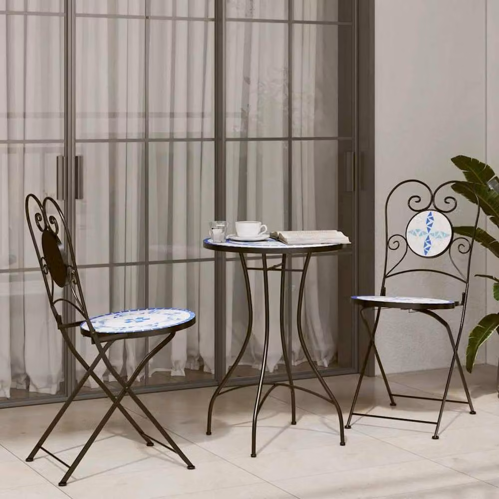 Berkfield Home Mosaic Bistro Set in Blue and White Ceramic and Steel – 2