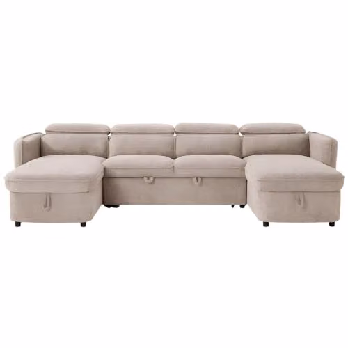Beehive Furniture Corfu U-Shaped Corner Sofa Bed in Beige Upholstered Fabric with Reversible Pull Out Frame and Adjustable Headrests