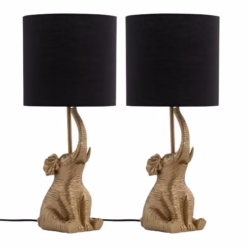 First Choice Lighting Elephant Set of 2 Gold Resin Table Lamps with Black Fabric Shades – 4
