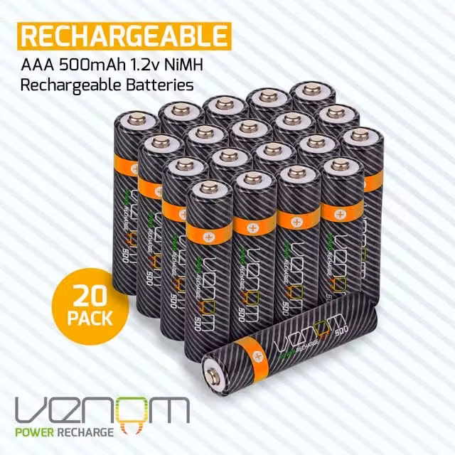 Venom 500mAh Rechargeable AAA Batteries, 20-Pack, Black and Pink