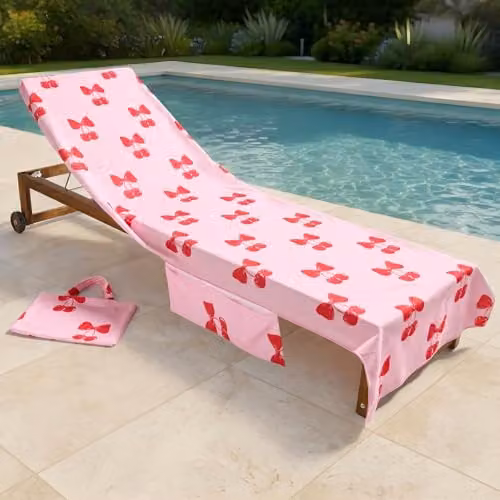 OHS Cherry Bow Microfibre Sunbed Towel with Pockets in Pink, W/H: 75 x 215 cm – 1