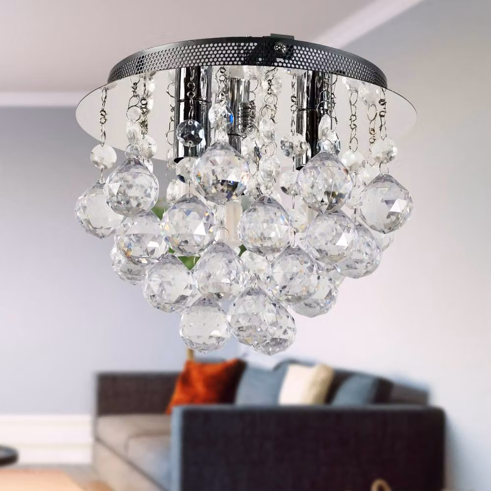 First Choice Lighting Myriad Jewelled Droplet Chrome Flush Ceiling Light in Silver – 3