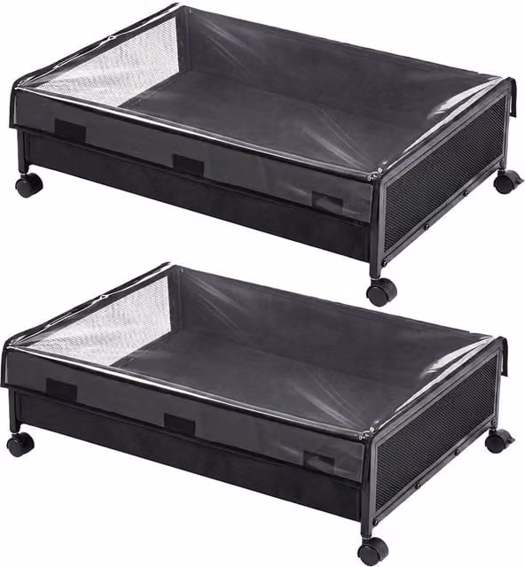 Levede Under Bed Storage Box with Lid, 48L Black Metal Frame and Fabric Design on Wheels
