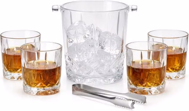 GEEZY 6 Piece Geometric Crystal Style Whiskey Tumbler Set with Ice Bucket, Transparent