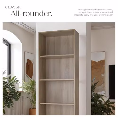 tectake 5-Tier Minimalist Oak Bookcase with Adjustable Shelves, H 190 x W 30 x D 30 cm – 6