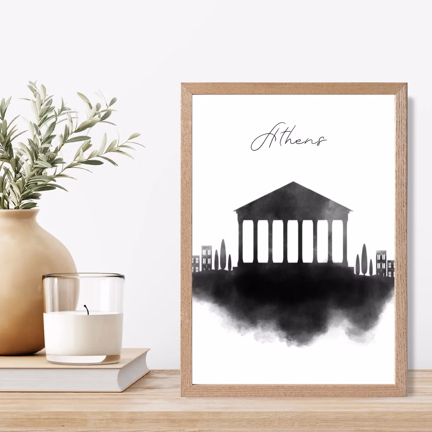 ARTZE Athens Watercolour Skyline City Framed Print in Black with Oak Frame – 2