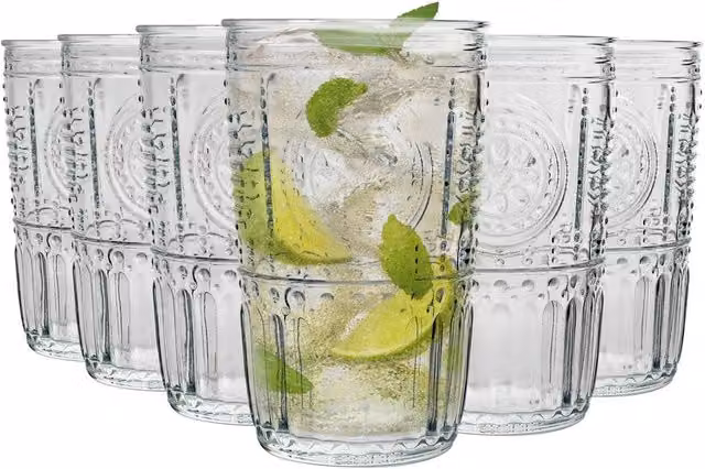 Bormioli Rocco Romantic Floral Highball Tumbler Glasses, Transparent, 475 ml, Pack of 6
