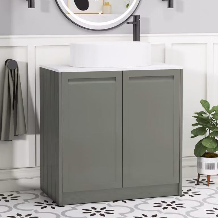 Royal Bathrooms Elmore Floor Standing Countertop Vanity Unit with Peak Basin, Matt Green and White, 2 Doors