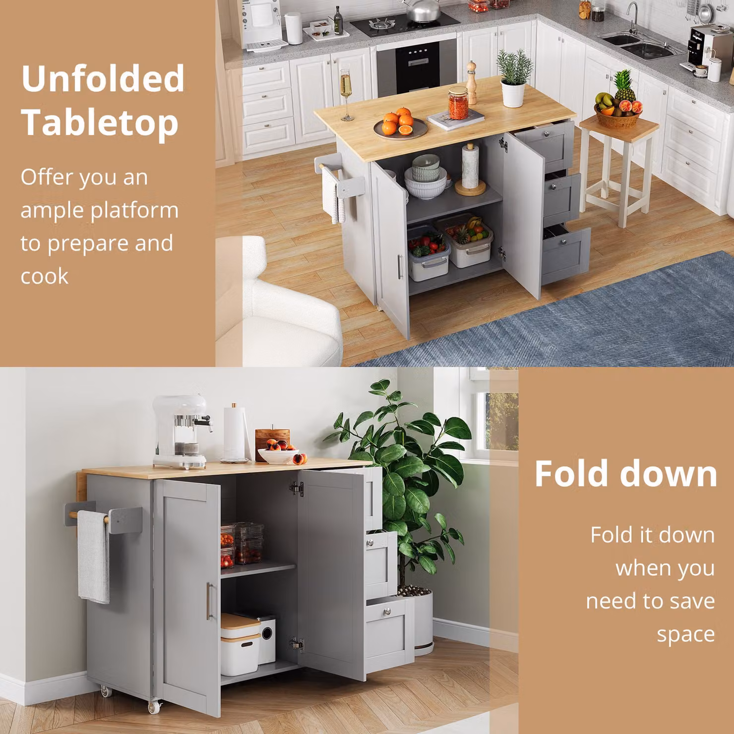 Aosom UK Grey Kitchen Island Trolley with 3 Drawers, 2-Door Cabinet and Foldable Worktop, W: 70 cm, D: 70 cm, H: 90 cm – 4