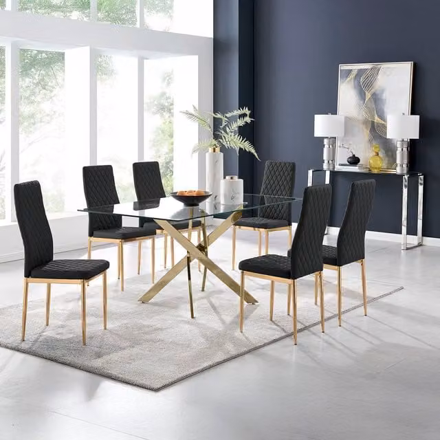 FurnitureboxUK Leonardo Gold Dining Set with Black Glass Rectangular Table and Six Milan Chairs