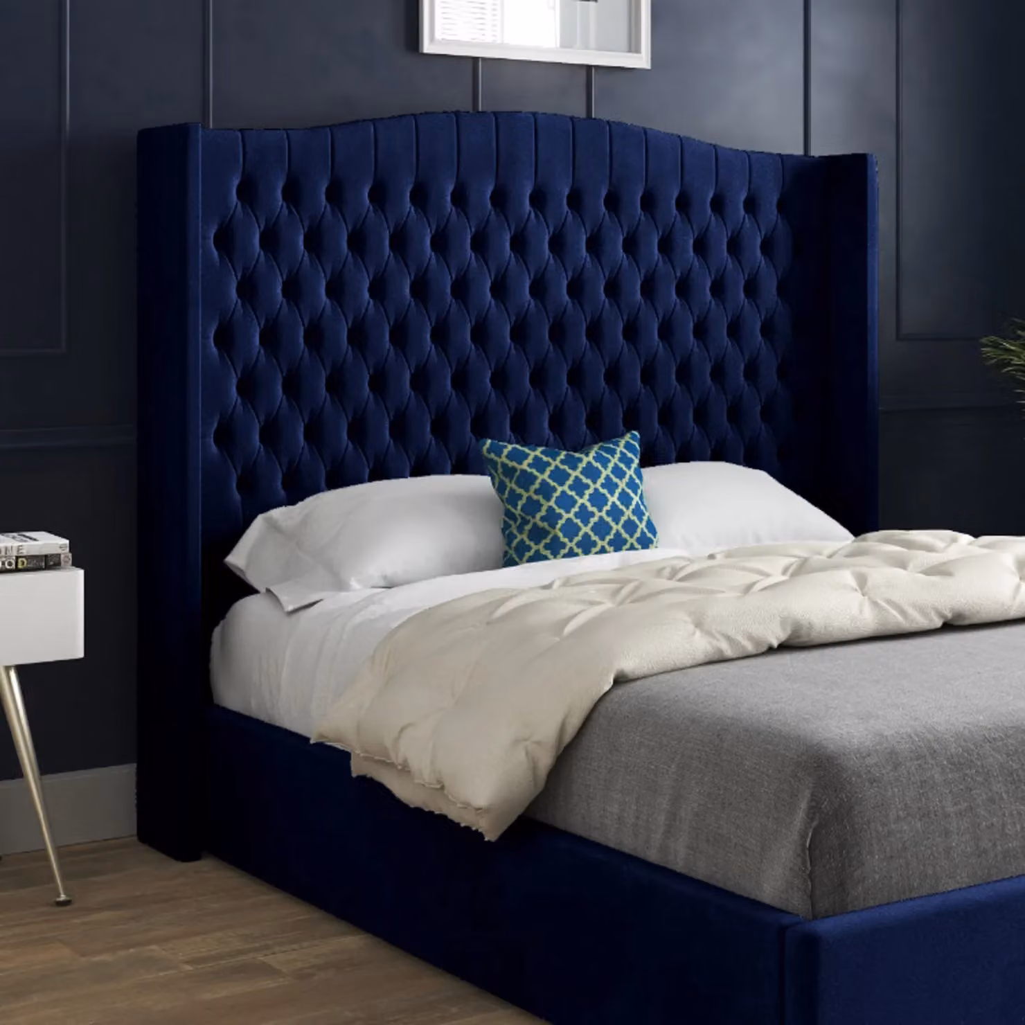 Casani Chesterfield Upholstered Velvet Bed Frame in Blue W/D/H: 144 x 137 x 200 cm – 3