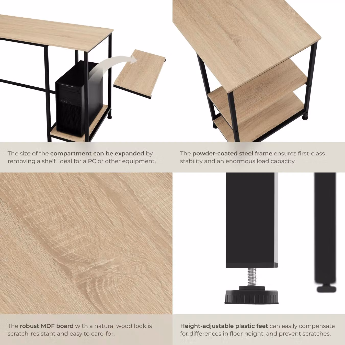 tectake Computer Desk with Side Storage Shelves in Oak and Black, W/D/H: 140 x 60 x 76.5 cm – 4