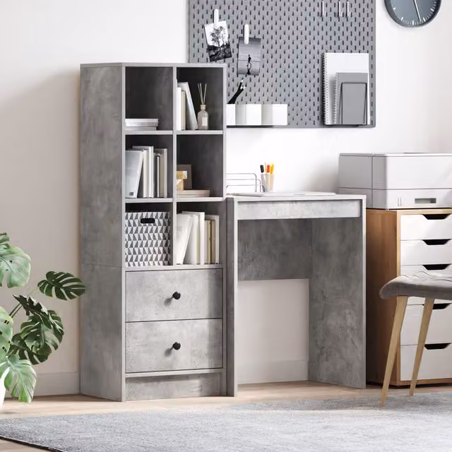 Berkfield Industrial Writing Desk with Storage in Concrete Grey Engineered Wood – 1