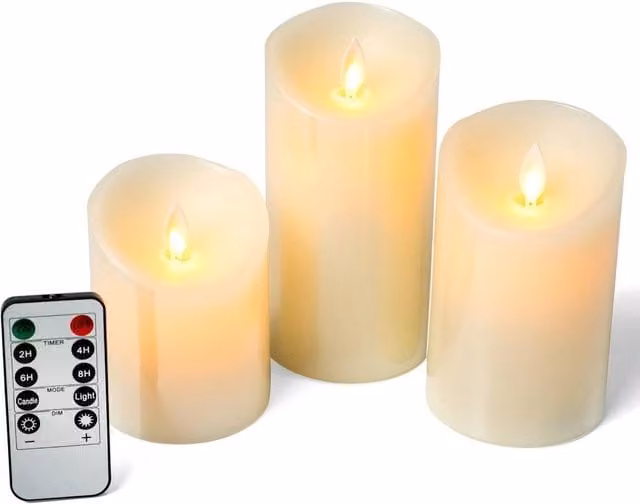 VOGREX 3 Pack White Real Wax LED Flickering Pillar Candles with Remote Control and Timer – 1