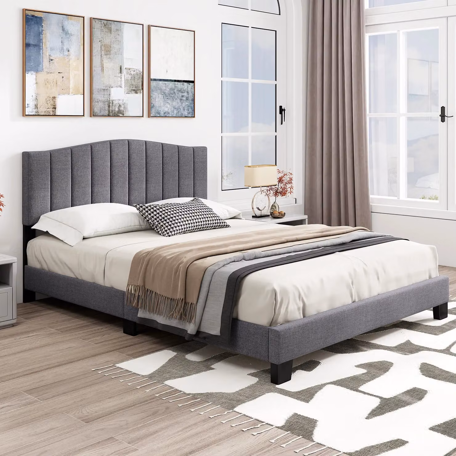 Costway Modern Upholstered Fabric Platform Bed Frame in Grey, W/D/H: 140 x 200 cm – 7