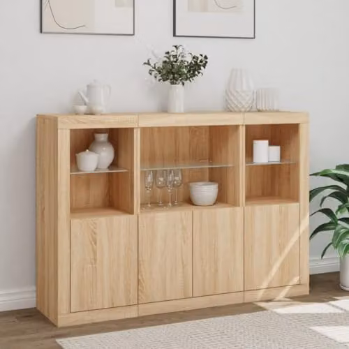 vidaXL Set of 3 Modern Sonoma Oak Sideboards with Integrated LED Lights in Brown Engineered Wood – 4