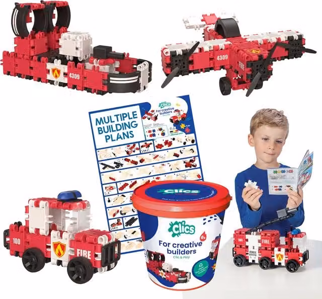 Clics Bucket Fire Edition Click and Play Building Set, 127 Pieces, White, Red and Multicolour