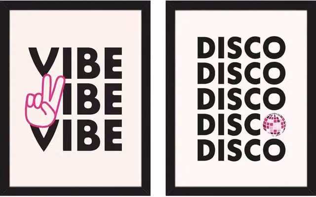 Frankie Kerr-Dineen Vibe Disco Framed Print Set of 2, Multicolour and Black Retro Typography Wall Art