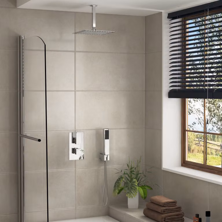 Royal Bathrooms Elegance Square Thermostatic Diverter Shower Mixer Set with Handset, Ceiling Arm and Shower Head in Chrome