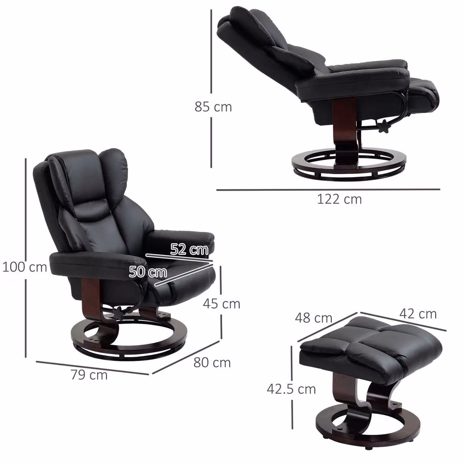 HOMCOM Modern Black Synthetic Leather Manual Reclining Armchair with Integrated Ottoman and Armrests – 3