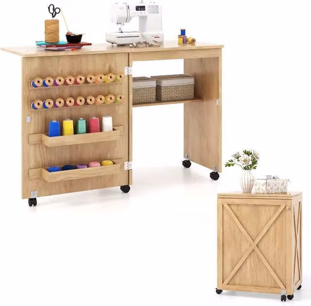 Gymax Folding Sewing Table and Cabinet with 18 Pegs, Storage Trays and Barn-door in Natural Brown