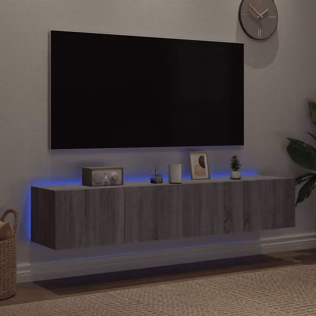 Berkfield Home Set of 2 Modern TV Wall Cabinets with LED Lights in Grey Sonoma, W/D/H: 80 x 35 x 31 cm
