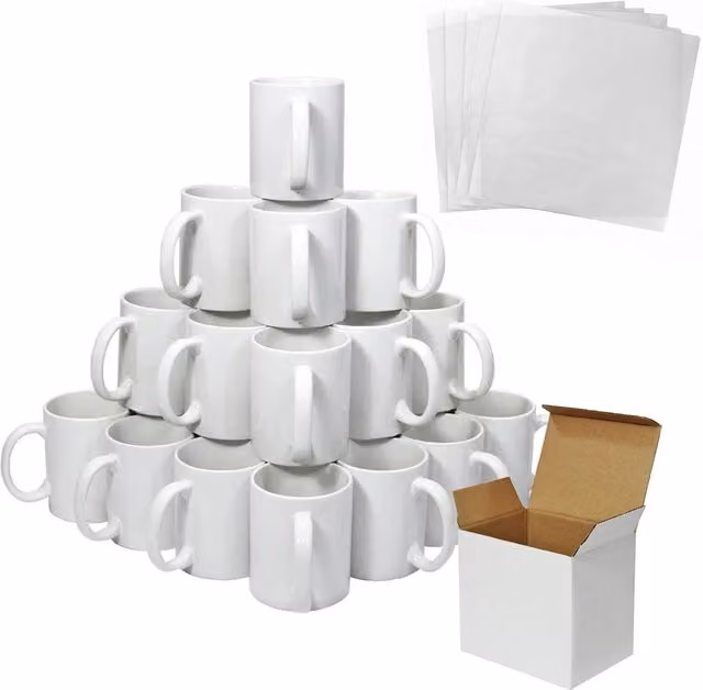 Monstershop Set of 36 White Ceramic 11oz Mugs with Boxes and 5 Sublimation Sheets