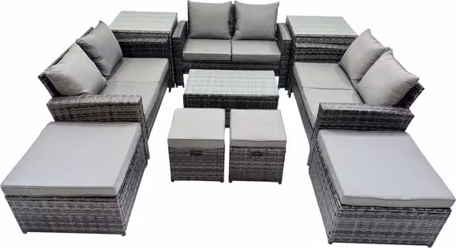Fimous Lounge Double Seat Sofa Coffee Table Set with 2 Side Tables and 4 Stools in Dark Grey – 1