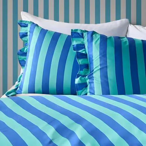 OHS Stripe Microfibre Polyester Double Duvet Cover and Pillowcase Set in Blue and Green, W/D/H: 200 x 200 cm – 2