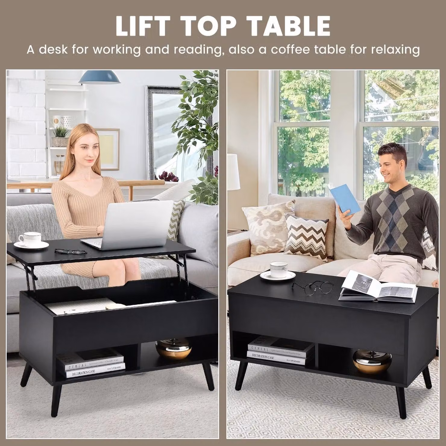 Costway Modern Rectangular Wooden Lift Top Coffee Table in Black – 8