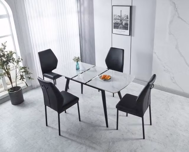 Modernique Sintered Stone Top Extending Dining Table and 4 Faux Leather Chairs Set in White and Black – 1