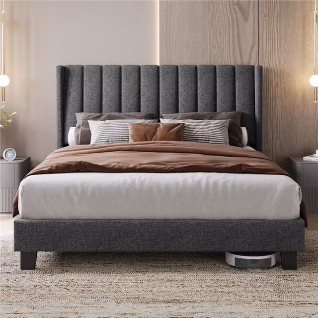 Yaheetech Upholstered King Size Bed Frame with Channel Tufted Headboard in Grey