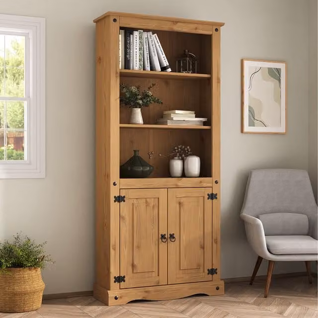 Mews Corona 2 Door Display Cabinet Bookcase in Waxed Rustic Pine