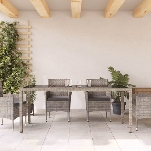 Berkfield Home Grey Poly Rattan Extendable Garden Table with Glass Top, W: 190 cm, D: 90 cm, H: 75 cm