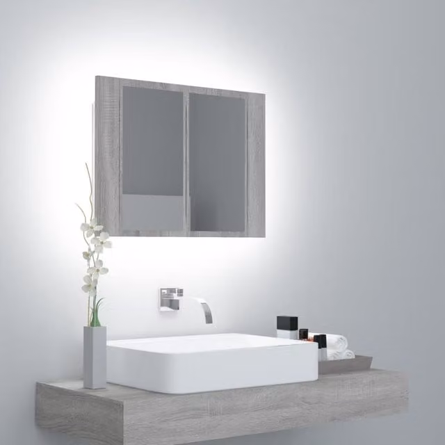 Berkfield Home LED Mirror Cabinet in Grey Sonoma, W/D/H: 60 x 12 x 45 cm